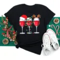 Christmas wine glass graphic short sleeve black t-shirt, festive holiday casual top for women. - S / Tops / Black Christmas Cup Illustration (BT8343)