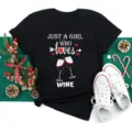 Wine graphic short sleeve black t shirt detail with festive holiday flat lay scene decor. - S / Tops / Black Girl Loves Wine (BT8347)