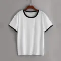 Camiseta unisex blanca de manga corta con ribete de contraste negro para uso diario o estampado. - S / Top (CS) / Blanco (Borde Negro)
