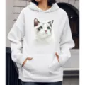 Witte hoodie met kattenprint, casual longsleeve trui met capuchon en kangoeroezak. - S / Tops / N1 Blauwe Ogen Kat