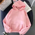Women solid pink long sleeve hooded sweatshirt casual loose streetwear pullover pocket hoodie - S / Tops / Pink