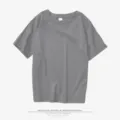 Detail view of a grey cotton-polyester blend round neck short sleeve blank t-shirt. - S / Tops / Gray