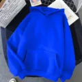 Detailed view of the bright blue solid color casual hoodie featuring a cozy hood and front pocket. - Blue