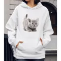 Witte hoodie met lange mouwen en een schattige grijze kitten print, casual outfit. - S / Tops / N3 Jagende Kitten
