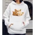 Witte hoodie met lange mouwen en schattige kattenprint, casual pullover voor dames. - S / Tops / N4 Kitten Buik Omhoog