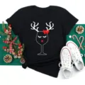 Christmas Short Sleeve T-Shirt Black Reindeer Wine Glass Graphic Casual Holiday Tee - S / Tops / Black Wine Glass Antlers (BT8344)