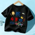 Kids short sleeve black t-shirt with fun birthday graphics, perfect for birthday party gifts. - 110cm / 4 Year Old (Top)