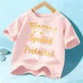 Kids pink short sleeve t-shirt with cute family letter print for boys and girls casual wear. - 110cm / Tops / Pink