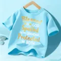T-shirt maniche corte in cotone per bambini top con stampa di lettere carine per estate - Celeste