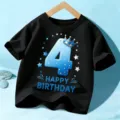 T-shirt manches courtes noir pour enfants avec chiffre quatre bleu et motif de fete d'anniversaire - 110cm / Hauts / 4Y / Noir
