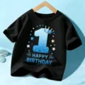 T-shirt noir premier anniversaire enfant manches courtes cadeau fête haut garçon fille - 110cm / Hauts / Âge 1 / Noir