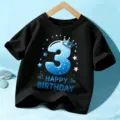 T-shirt manches courtes noir pour enfant, fête d'anniversaire imprimé chiffre 3 top. - 110cm / Hauts / 3Y / Noir