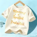 T-shirt manica corta in cotone per bambini con stampa di lettere di famiglia in colore bianco. - Albicocca