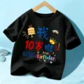 Kids black short sleeve t-shirt with birthday party graphic design for boys and girls summer wear. - 10 Year Old (Top)