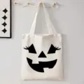 Witte canvas shopper tas voor Halloween met grappige pompoen gezicht print voor dagelijks gebruik. - Grappige Pompoen Glimlach Stijl (9128) / 35cmx45cm