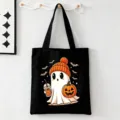 Zwarte Halloween canvas tote bag met schattige geest, duurzame schoudertas voor dagelijks. - Zwarte Geest en Pompoen Print Stijl (9134) / 35cmx45cm