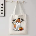 Halloween schattig spook canvas shopper tas student casual winkel reizen handtas tote - Geest en Pompoen Illustratie Stijl (9086) / 35cmx45cm
