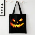 Zwarte Halloween canvas shopper tas met eng pompoen gezicht print, herbruikbare handtas voor winkel. - Zwart Gloeiend Pompoengezicht Stijl (9129) / 35cmx45cm