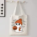 Halloween canvas shopper tas schattige geest pompoen print winkeltas casual schoudertas - Vakantie Cartoon Mix Stijl (9087) / 35cmx45cm