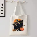 Halloween zwarte kat canvas shopper tas voor dames en heren, handige boodschappentas. - Zwarte Kat Bezem Pompoen Illustratie Stijl (9131) / 35cmx45cm