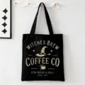 Zwarte Halloween canvas shopper tas met heksen print, handig voor dagelijks gebruik. - Witches Brew Coffee Zwart Stijl (9122) / 35cmx45cm