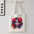 Canvas shopper tas met levendige Dag van de Doden suikerschedel en bloemen aquarel. - Dag van de Doden Skeletkunst Stijl (9084) / 35cmx45cm