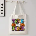 Halloween canvas shopper tas met schattige trick or treat pompoen print voor studenten. - Halloween Slogan en Cartoon Stijl (9106) / 35cmx45cm