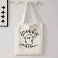 Witte canvas shopper tas met spooky season spook print, praktische casual schoudertas. - Spooky Season Geest Stijl (9079) / 35cmx45cm