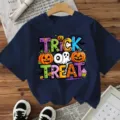 Halloween themed short sleeve t-shirt for women, casual crewneck cute pumpkin ghost graphic top. - Navy Blue