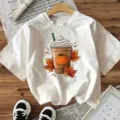 Weißes Damen Kurzarm T-Shirt mit herbstlichem Kürbis Kaffee Motiv lässiges Grafik Top Sommer - S / Oberteile / Weiß
