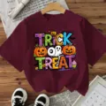Casual burgundy t-shirt with Halloween trick or treat graphic print for women party. - Burgundy