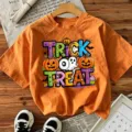 Orange Halloween short sleeve t-shirt with trick or treat graphic print casual festive top - Orange