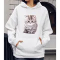Witte hoodie met schattige pluizige kattenprint, casual trui met lange mouwen voor dames. - S / Tops / N6 Schattige Kitten