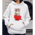 Witte schattige kattenprint met lange mouwen hoodie casual pullover sweatshirt dames - S / Tops / N7 Hart Kitten