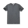 Detail view of charcoal grey cotton crewneck t-shirt fabric texture and collar construction. - Dark Gray (42C)