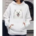 Casual witte hoodie met lange mouwen en een schattige Samojeed hond grafische print. - S / Tops / N8 Schattige Samojeed