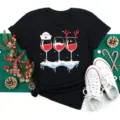 Christmas wine glass graphic short sleeve black t-shirt, casual festive holiday tee for adults. - S / Tops / Black Christmas Wine Glass Pattern (BT8348)