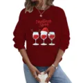 Christmas wine glasses print long sleeve crewneck red sweatshirt casual pullover top - Burgundy