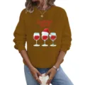 Casual Women Christmas Sweatshirt Long Sleeve Round Neck Cute Wine Glasses Pullover - Khaki