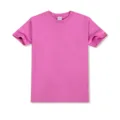Detailed view of solid rose red cotton crewneck short sleeve t-shirt collar and fabric texture. - Rose Red