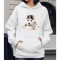 Comfortabele witte hoodie met schattige honden- en kattenprint, casual trui met lange mouwen. - S / Tops / N11 Husky En Kitten