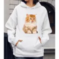 Witte casual hoodie met lange mouwen en een schattige kattenprint voor dagelijks gebruik. - S / Tops / L9 Kitten die tong uitsteekt