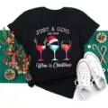 Women Christmas wine lover graphic short sleeve black t-shirt casual holiday tee top - S / Tops / Black Wine & Christmas (BT8354)