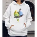 Dames wit sweatshirt met lange mouwen en capuchon en schattige vogelprint casual - S / Tops / Q7 Schattig klein papegaaitje