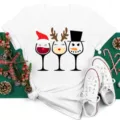 Christmas short sleeve t-shirt for women men holiday graphic tee top casual wear white - S / Tops / White Christmas Wine Glass (BT8362)