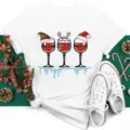 Christmas wine glass print white short sleeve t-shirt for men and women festive top - S / Tops / White Christmas Wine Glass (BT8363)