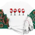 Christmas wine glass print white short sleeve T-shirt, casual holiday tee for men and women. - S / Tops / White Christmas Holiday Wine Glass (BT8364)