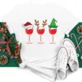 Christmas Wine Glass Print Short Sleeve T-Shirt Casual White Tee For Women And Men Festive Top - S / Tops / White Creative Wine Glass (BT8365)