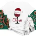 Christmas wine glass graphic white short sleeve T-shirt festive casual holiday top for women - S / Tops / White Cheers Wine Glass (BT8366)