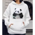 Witte hoodie voor dames met schattige reuzenpanda print, comfortabele casual trui met lange mouwen. - S / Tops / Huahua met Bamboebladeren